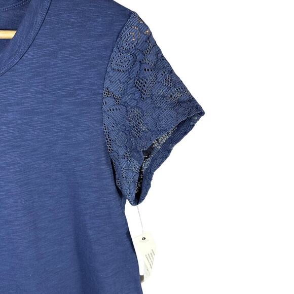 WILT Shrunken Crew Tee with Lace Sleeves Slub 100% Cotton Small Blue - Picture 3 of 12